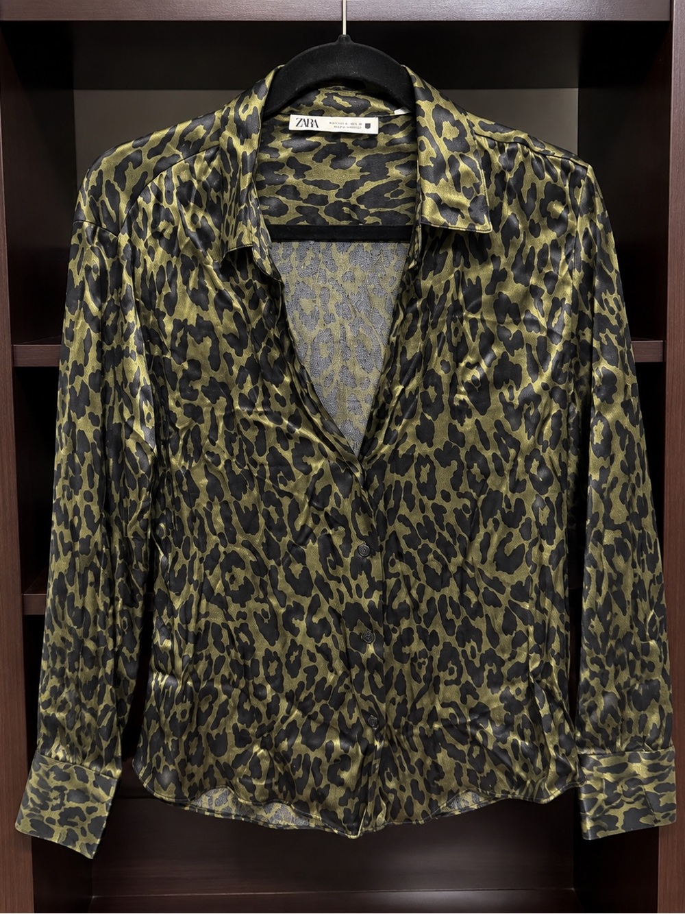 Zara Olive & Black Leopard Satin Button-Down Shirt
